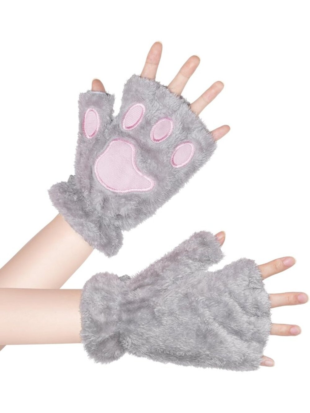 Women's Grey Fluffy winter mittens soft pink cat paw half-finger Gloves